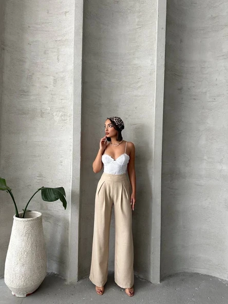 Pileli keten pantolon - 5