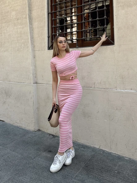 Çizgili etekli takım pembe s3609 - 4