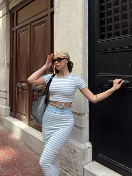 Çizgili etekli takım mavi s3609 - Resim 11