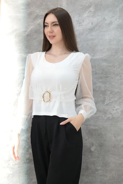 Tokalı tül kollu bluz beyaz - 4