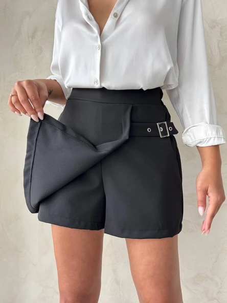 Kadın tokalı şort etek siyah s25449 - 5