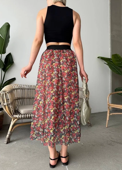 Baskılı astarlı uzun etek - 2