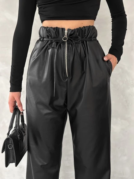 Kendinden ince kemerli deri pantolon siyah - 5