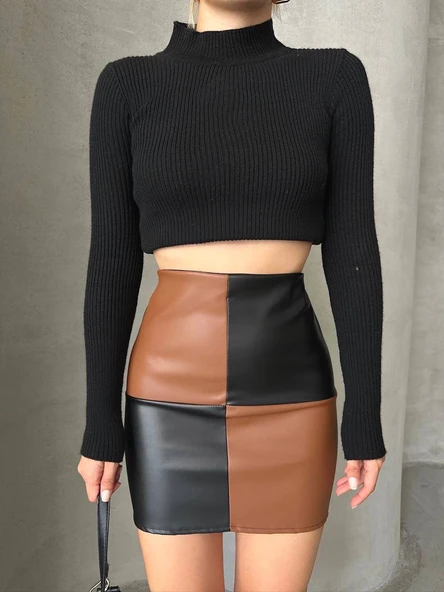 Damalı deri etek siyah kahve w24648 - 4