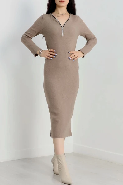 Fermuar detaylı fitilli şardonlu elbise bej