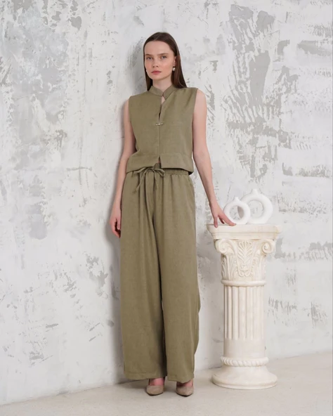 Broşlu yelek pantolon takım haki s255821