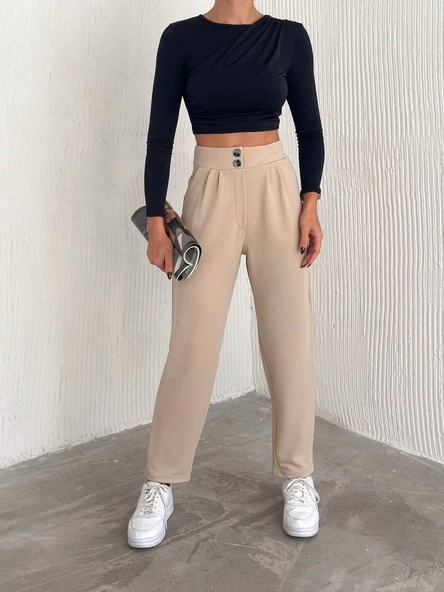 örme krep pantolon çift düğmeli - 5