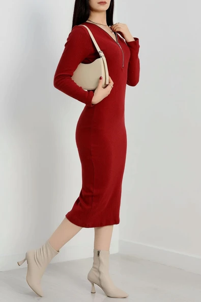 Fermuar detaylı fitilli şardonlu elbise bordo - 4