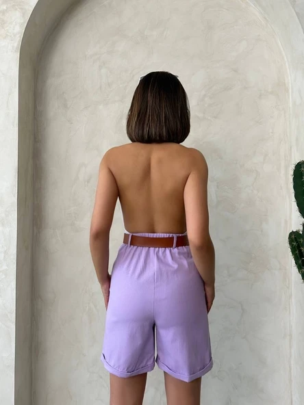 Kemerli gabardin şort lila s25735 - 5