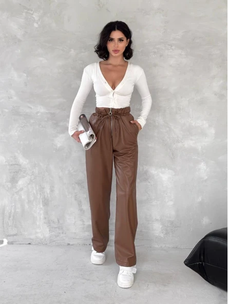 Kendinden ince kemerli deri pantolon kahve - 5