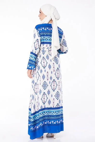 Düz Bisiklet Yaka Kadın Mavi Etnik Desenli Elbise - 3