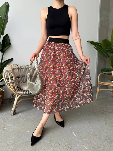 Baskılı astarlı uzun etek