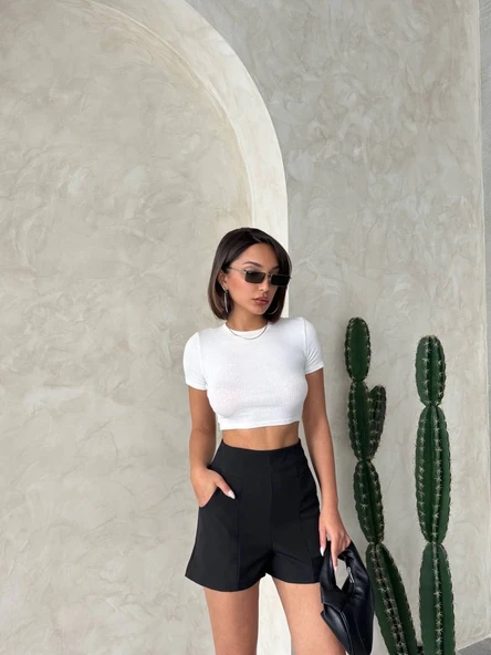 Yüksek bel parçalı double kumaş şort s25312 - 3