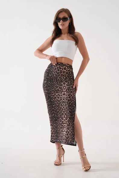 Uzun yırtmaçlı ince kumaş etek leopar - 6