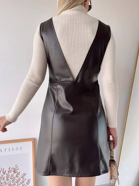 Deri jile elbise kahve w24796 - 4