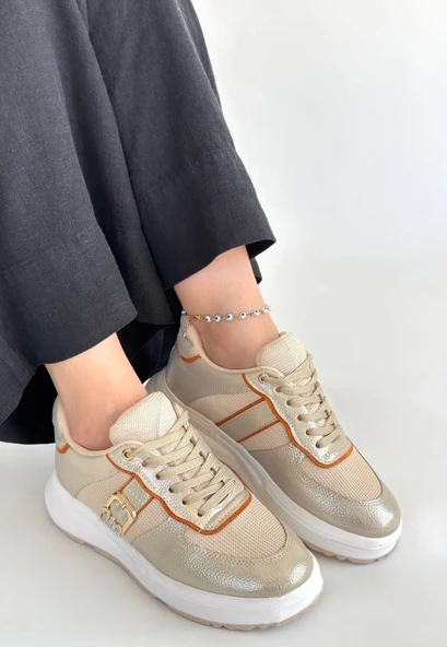 Tanwe Bej Cilt Bağcıklı Spor Ayakkabı - 3
