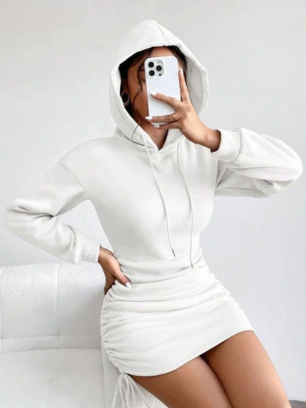 3 iplik şardonlu kapşonlu elbise beyaz - 3