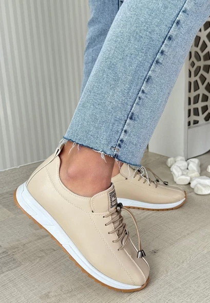 Monya Bej Cilt Bağcıklı Spor Ayakkabı - 3