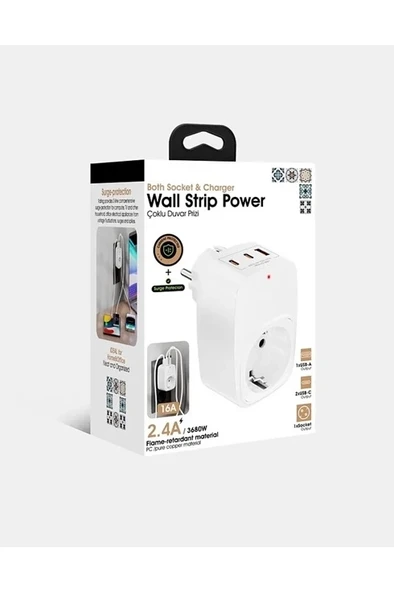 Tekli Yüksek Voltaj Korumalı Duvar Prizi 2x Type-c 1x Usb Çıkışlı Priz Grup Priz Çoğaltıcı Beyaz - Resim 4