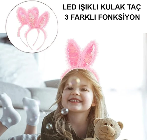 Kenarları Dantelli Pembe Pullu Payetli Led Işıklı Tavşan Kulak Taç 23x19 cm - 3