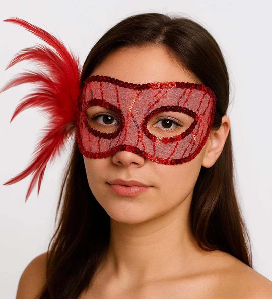 Kırmızı Renk Yandan Tüylü Pul Payet İşlemeli Parti Maskesi 23x12 cm ürün görseli 1