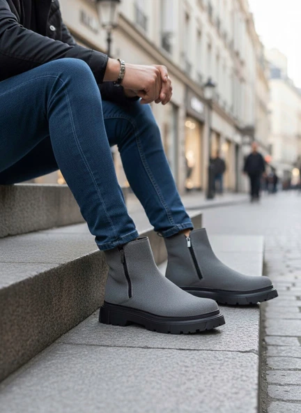 ET0777 Süet Füme Çift Fermuarlı Erkek Yarım Bilek Bot - Resim 3