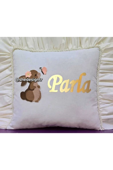 s'he design TAVŞAN NAKIŞ İŞLEMELİ FIRFIRLİ TAKI YASTIĞI ürün görseli