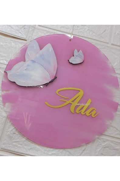 s'he design Bebek Ismine Özel Şeffaf Pleksi Kapı Süsü – Kız Bebek Için özel tasarım Bebek Kelebek Pembe ürün görseli