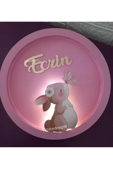 s'he design BEBEK İSMİNE ÖZEL HAZIRLANAN YUVARLAK TAVŞANLI LEDLİ HASTANE ODASI KAPI SÜSÜ ürün görseli