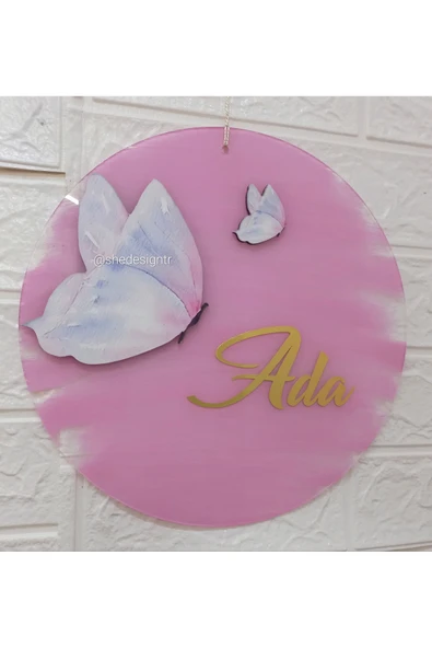 s'he design Bebek Ismine Özel Şeffaf Pleksi Kapı Süsü – Kız Bebek Için özel tasarım Bebek Kelebek Pembe - Resim 3