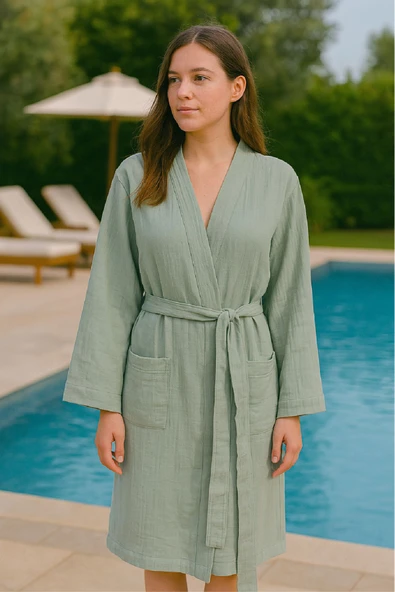 Müslin Kimono Bornoz – Unisex | %100 Pamuk Yumuşacık 2 Katlı Doğal Kumaş - ZTMBR6 Beyaz L/XL - 10