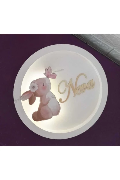 s'he design İsme Özel  Hazırlanan Tavşanlı Ledli Ahşap Pano Yuvarlak Hastane Kapı Süsü ürün görseli