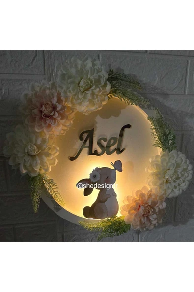 s'he design KIZ BEBEK İSMİNE ÖZE HAZIRLANAN AHŞAP TAVŞAN FİGÜRLÜ ÇİÇEKLİ HASTANE ODASI KAPI SÜSÜ - Resim 2