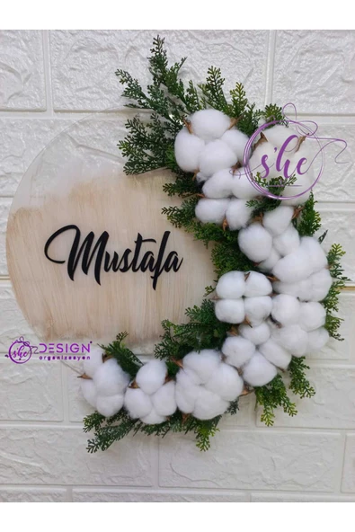 s'he design BEBEK İSMİNE ÖZEL HAZIRLANAN ŞEFFAF PLEKSİ PAMUK OTU SÜSLÜ KAPI SÜSÜ ürün görseli