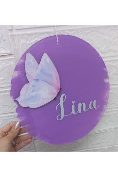 s'he design Kız Bebek İsmine Özel Hazırlanan Şeffaf Pleksi Kapı Süsü lila kelebek - Resim 2