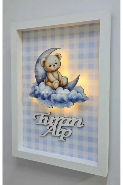 s'he design LEDLİ AHŞAP OBJELİ KAPI SÜSÜ /ERKEK BEBEK İSMİNE ÖZEL HASTANE DOĞUM ODASI KAPI SÜSÜ - Resim 2