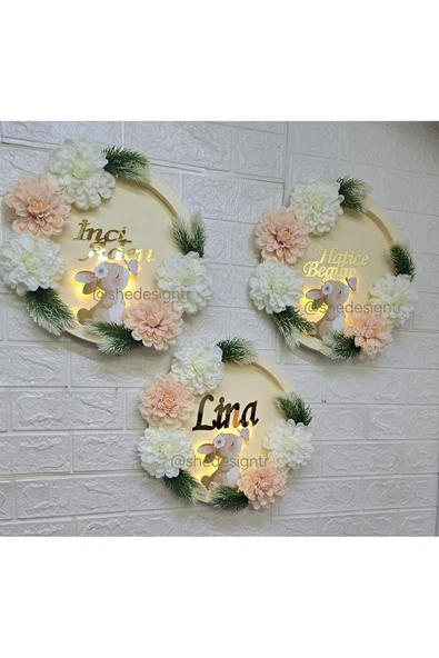 s'he design KIZ BEBEK İSMİNE ÖZE HAZIRLANAN AHŞAP TAVŞAN FİGÜRLÜ ÇİÇEKLİ HASTANE ODASI KAPI SÜSÜ - Resim 4