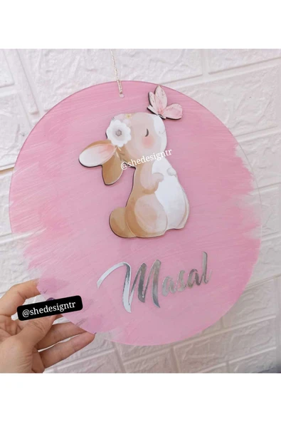 s'he design Kız Bebek İsmine Özel Hazırlanan Tavşanlı Şeffaf Pleksi Kapı Süsü ürün görseli