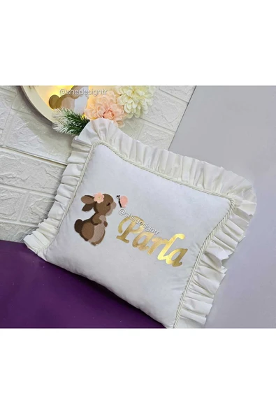 s'he design TAVŞAN NAKIŞ İŞLEMELİ FIRFIRLİ TAKI YASTIĞI - Resim 2