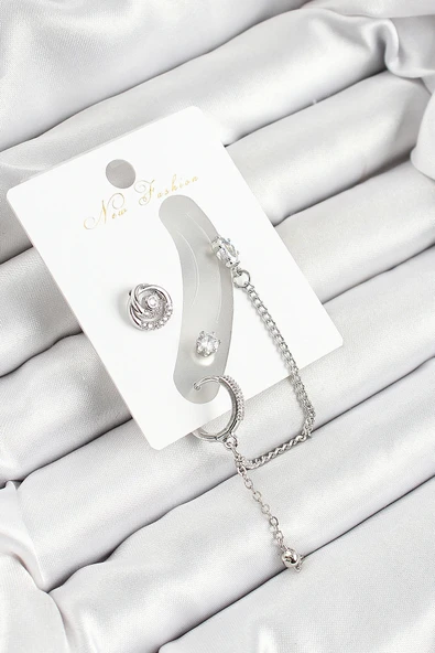 pilelistore Pirinç Halka Figürlü Zirkon Taşlı Gümüş Renk 3'lü Kıkırdak Kadın Küpe Set - TJ-BKP10662 ürün görseli 1