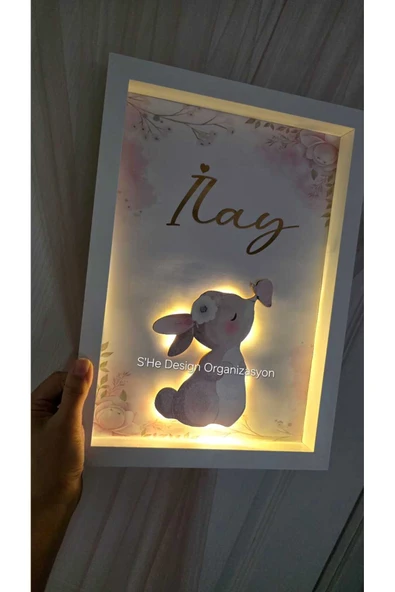 s'he design LEDLİ TAVŞAN OBJELİ KAPI SÜSÜ / KIZ BEBEK İSMİNE ÖZEL HASTANE DOĞUM ODASI KAPI SÜSÜ 25X35 - 2