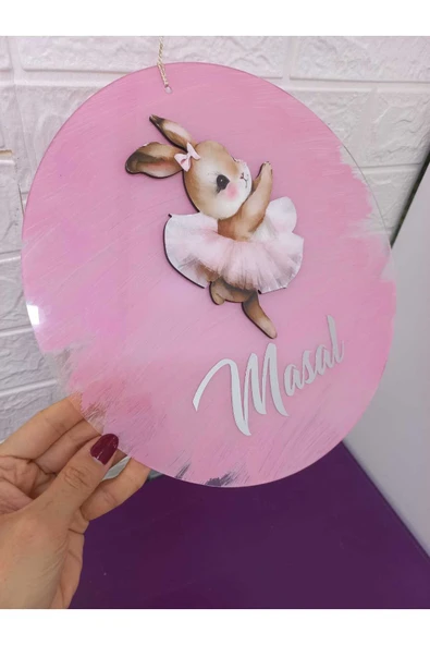 s'he design İsme Özel Şeffaf Pleksi Kapı Süsü – Erkek & Kız Bebek İçin Özel Tasarım Kız Bebek Tavşan Pembe - Resim 2