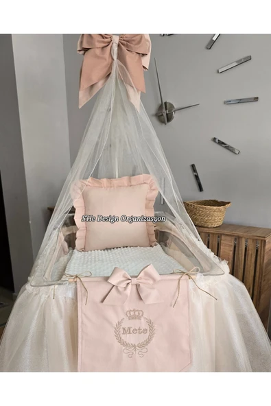 s'he design Hastane Odası Cibinlikli Nakış Işlemeli Beşik Süsleme Seti Krem/fildişi - Resim 4