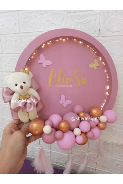 s'he design Kız Bebek İsme Özel Hazırlanan Hastane Odası Ledli Bubbe Kapı Süsü