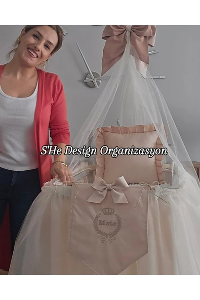 s'he design Hastane Odası Cibinlikli Nakış Işlemeli Beşik Süsleme Seti Krem/fildişi - Resim 2