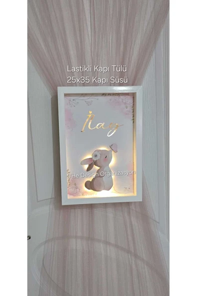 s'he design LEDLİ TAVŞAN OBJELİ KAPI SÜSÜ / KIZ BEBEK İSMİNE ÖZEL HASTANE DOĞUM ODASI KAPI SÜSÜ 25X35