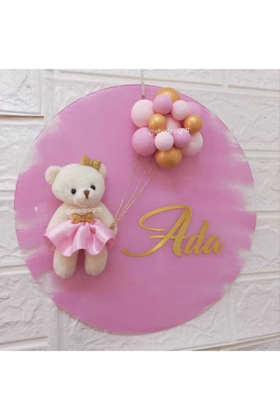 s'he design KIZ BEBEK İSMİNE ÖZEL HAZIRLANAN BUBBLE ŞEFFAF PLEKSİ KAPI SÜSÜ PEMBE ürün görseli