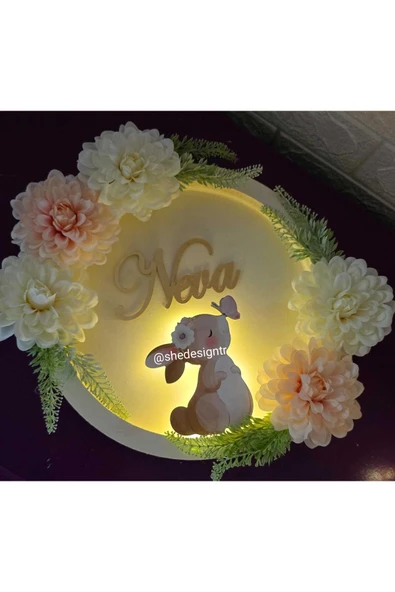 s'he design KIZ BEBEK İSMİNE ÖZE HAZIRLANAN AHŞAP TAVŞAN FİGÜRLÜ ÇİÇEKLİ HASTANE ODASI KAPI SÜSÜ - 4