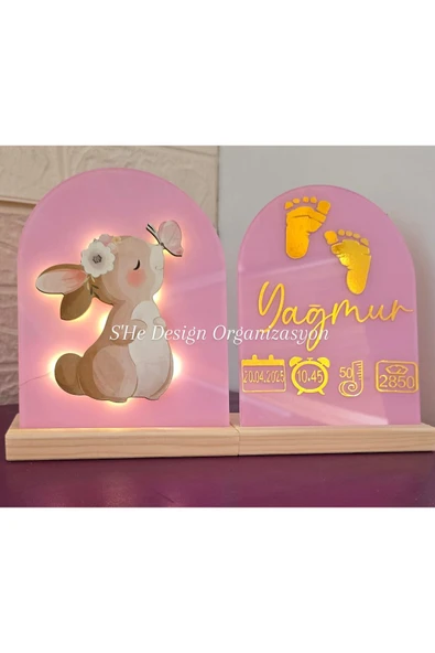 s'he design Bebek İsmine Özel Hazırlanan Işıklı Doğum Panosu pembe ürün görseli