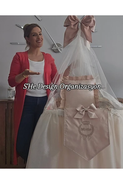 s'he design Hastane Odası Cibinlikli Nakış Işlemeli Beşik Süsleme Seti Krem/fildişi ürün görseli